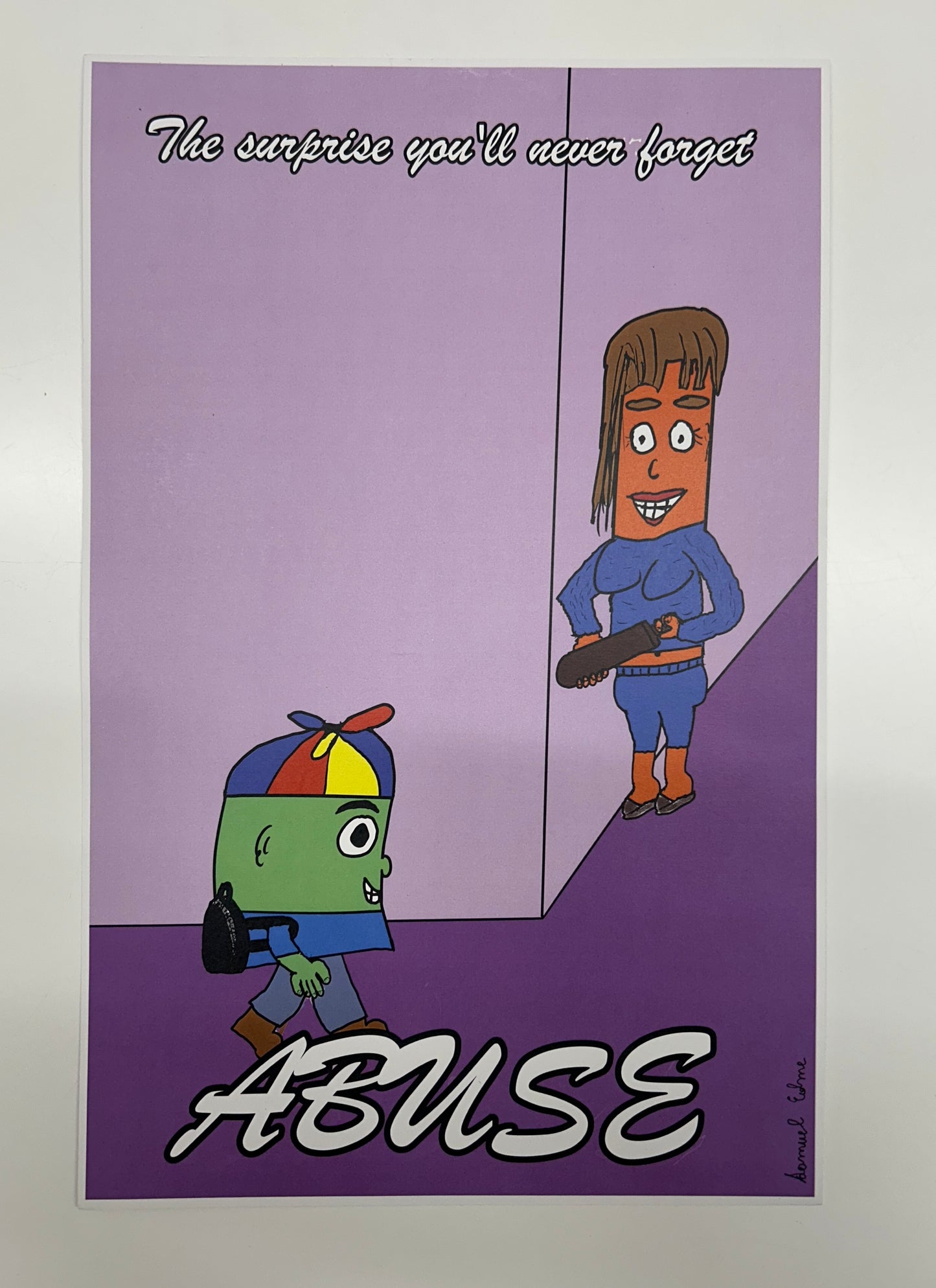 Cartoon illustration of a child and an adult with the word 'ABUSE' on a purple background.