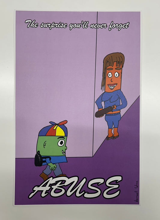 Cartoon illustration of a child and an adult with the word 'ABUSE' on a purple background.