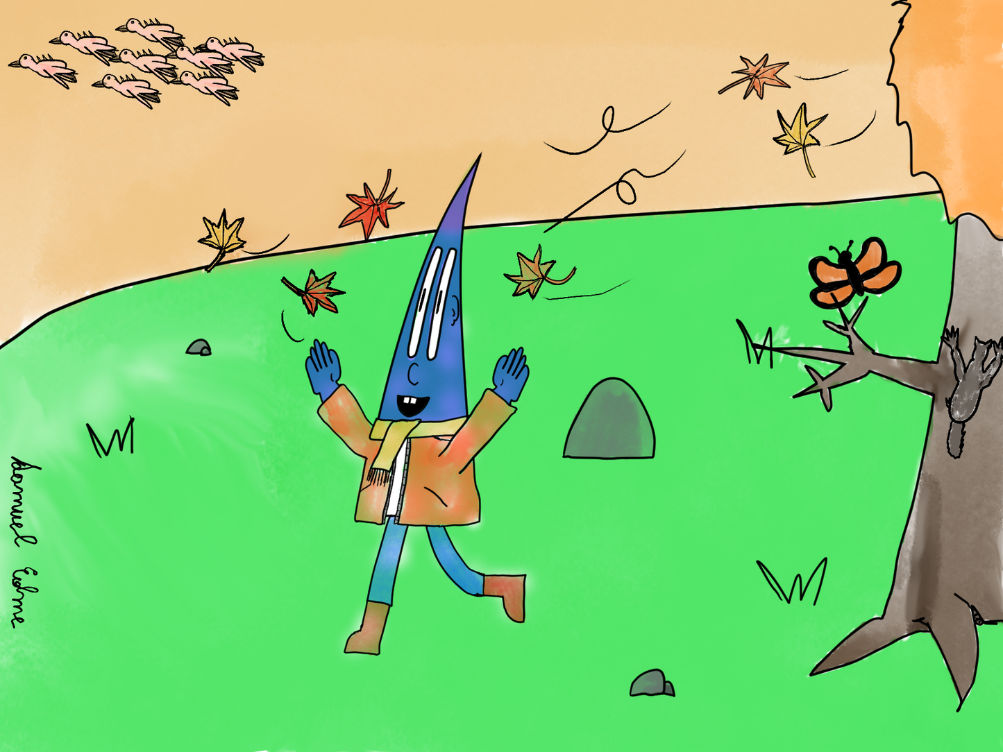 Cartoon character with a blue triangle head and orange coat standing on green grass with a tree and butterfly in the background.