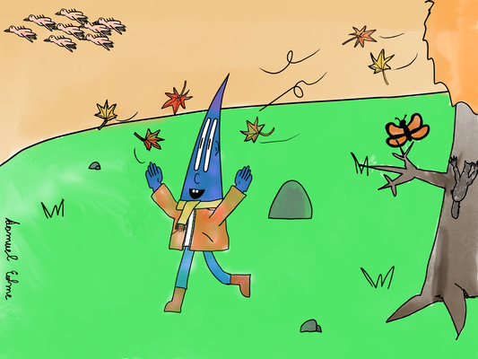 Cartoon character with a blue triangle head and orange coat standing on green grass with a tree and butterfly in the background.